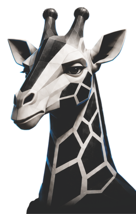 Atlas, the IMPRESIONARTE Creative Lab mascot — a low-poly giraffe